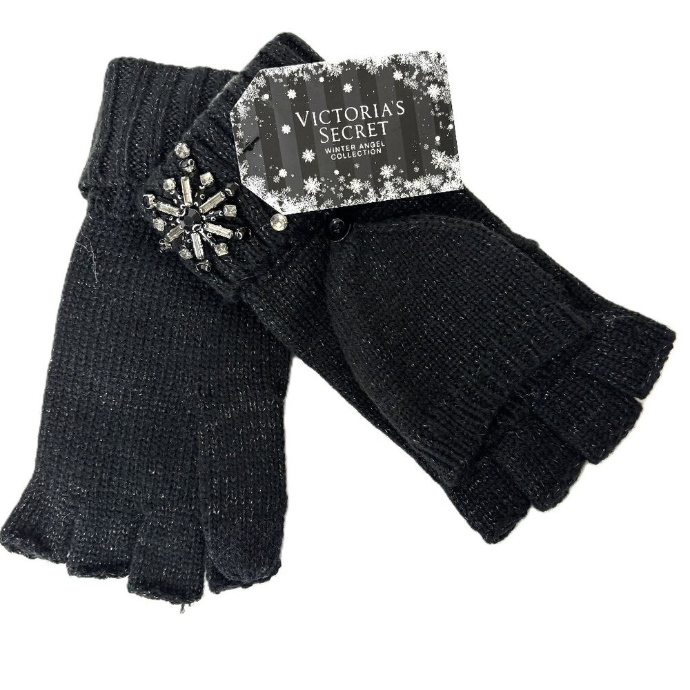 Victoria's Secret Winter Angel Snowflake Sparkle Black Convertible Mittens NWT